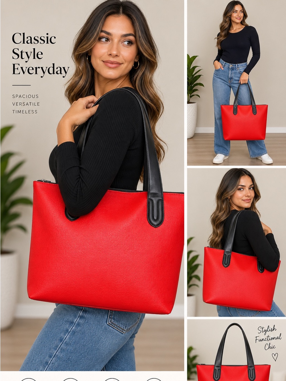 Red Leather Tote Bag with Black Handles